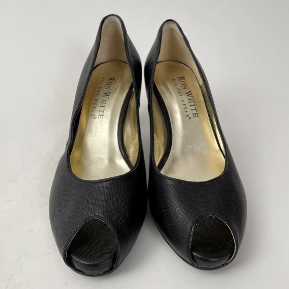 Ron White All Day Heels Black Leather Peeptoe Peep Toe Pumps, Size 39 (8.5) - Picture 5 of 10